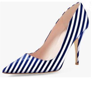 YDN Blue Stripe Chic Pointed Closed Toe Mid Heel Pumps Slip on Dress Shoe